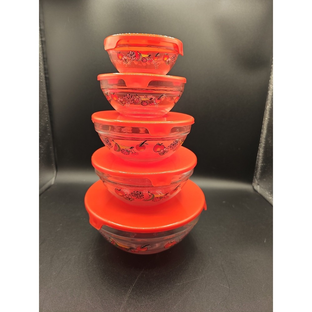 Vintage Imperial Glass Fruit Nesting Bowls Set of 5 with Orange Lids, Heat0001